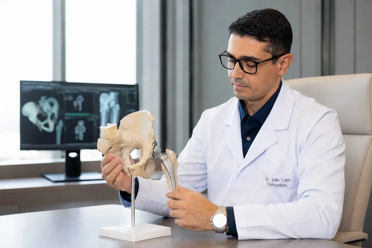 Dr. João Lopo explicando a anatomia do quadril com modelo e prótese no consultório