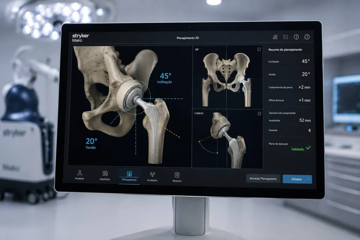 Tela de planejamento 3D da cirurgia robótica de prótese de quadril com ângulos medidos