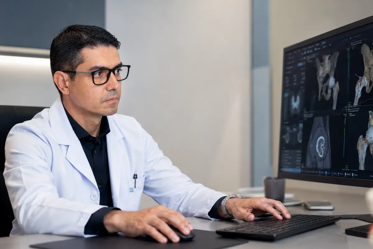 Dr. João Lopo revisando no computador o planejamento digital de uma prótese de quadril